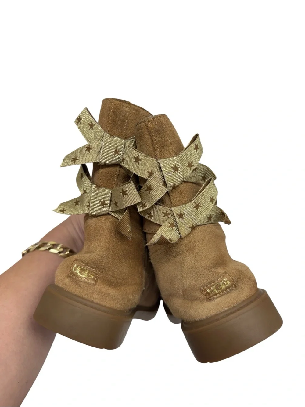 UGG Kids Tan Suede Zip-Up Ankle Boots with Star Bow Accents